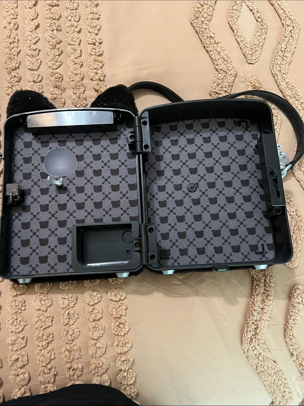 Black Plush Cat Crossbody Bag with Green Eyes -